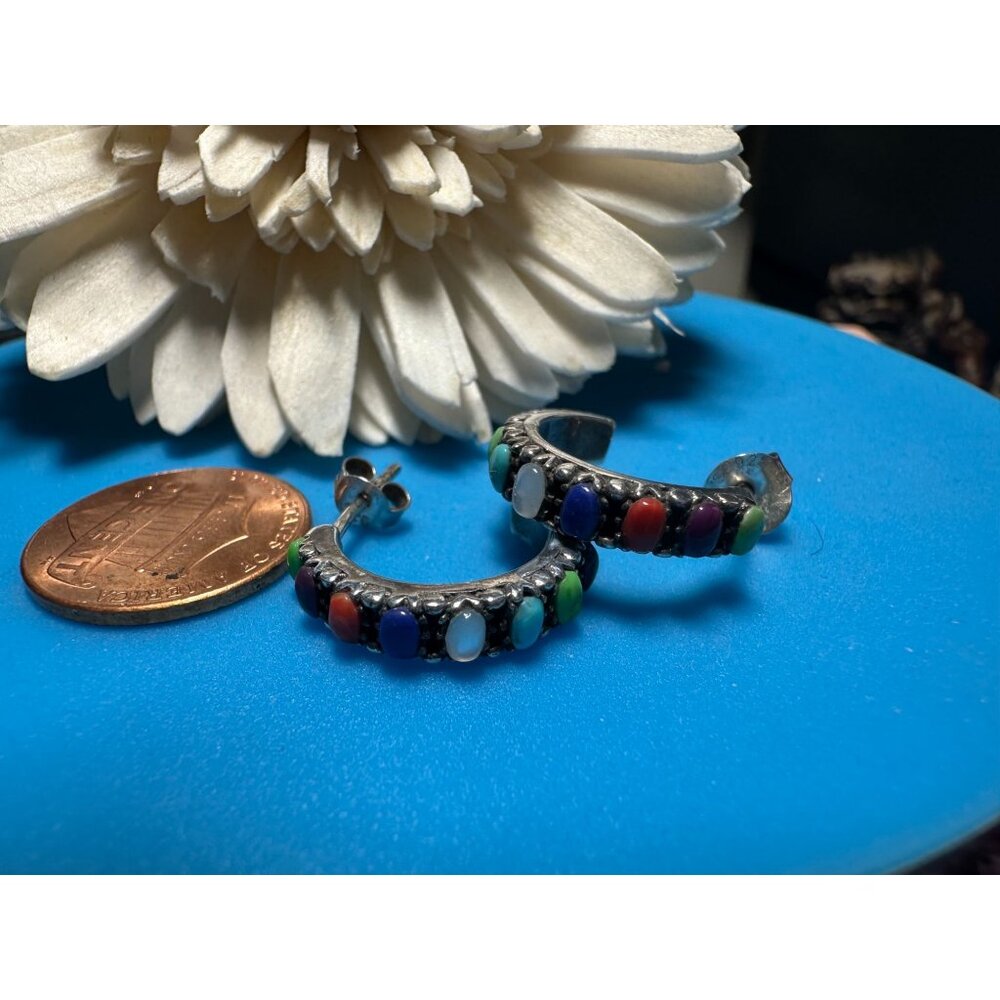 Sterling Coral, Turquoise, Lapis, Moonstone Earrings
